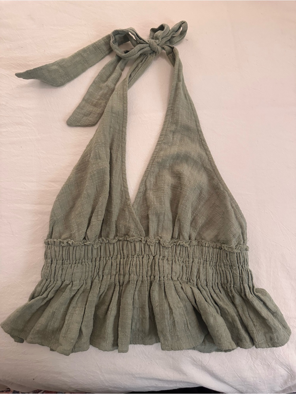 Stolen Hearts Smocked Linen/Gauze Halter Top in Sage Size S